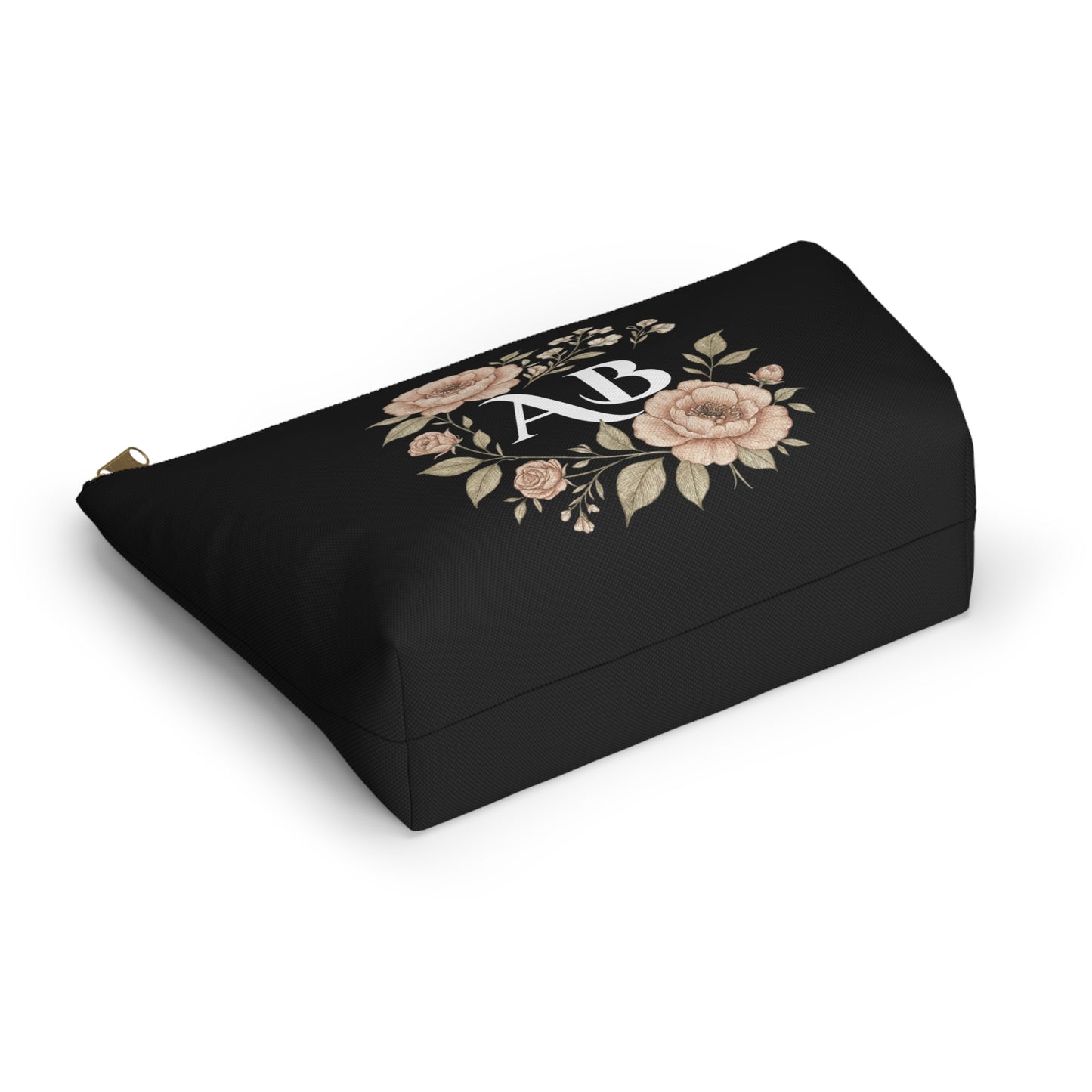 Floral Monogram Accessory Pouch — Personalized Makeup & Travel T-Bottom Bag
