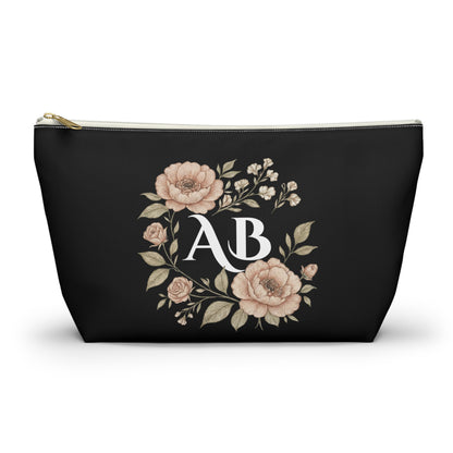 Floral Monogram Accessory Pouch — Personalized Makeup & Travel T-Bottom Bag