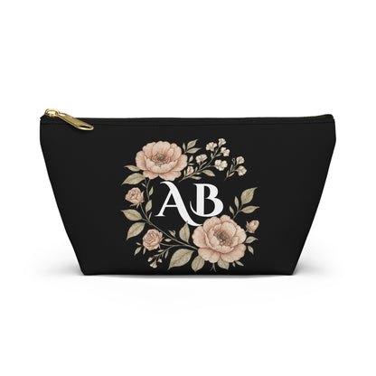 Floral Monogram Accessory Pouch — Personalized Makeup & Travel T-Bottom Bag