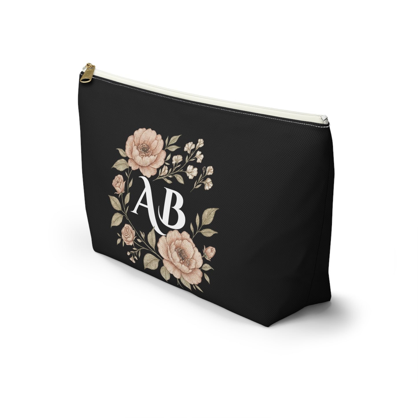 Floral Monogram Accessory Pouch — Personalized Makeup & Travel T-Bottom Bag
