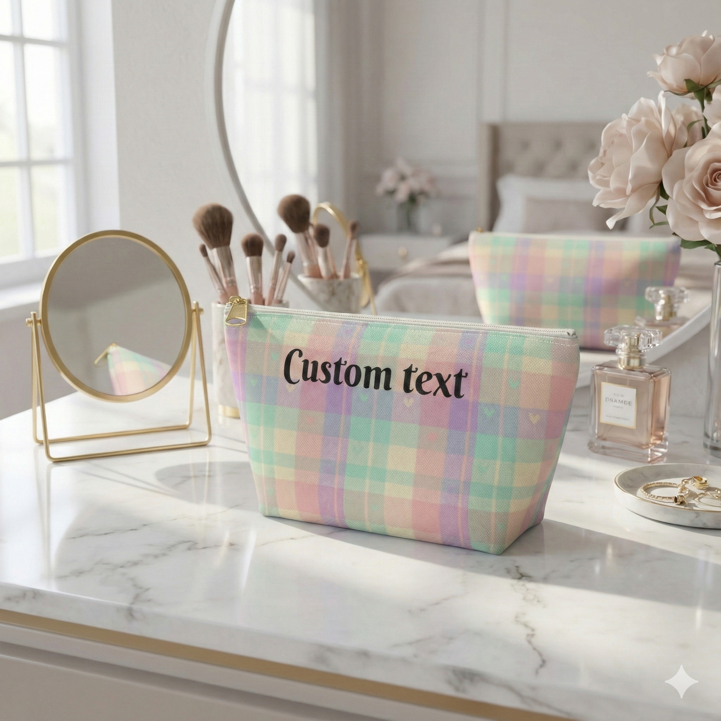 Pastel Plaid Custom Accessory Pouch — Personalized Makeup & Travel Organizer