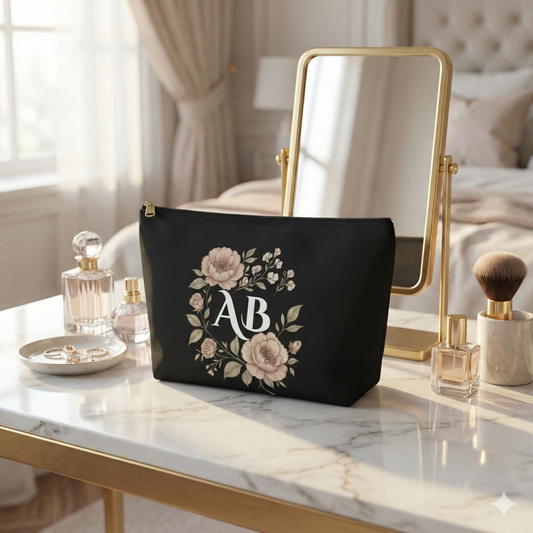 Floral Monogram Accessory Pouch — Personalized Makeup & Travel T-Bottom Bag