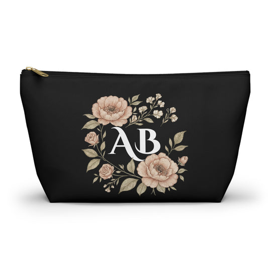 Floral Monogram Accessory Pouch — Personalized Makeup & Travel T-Bottom Bag