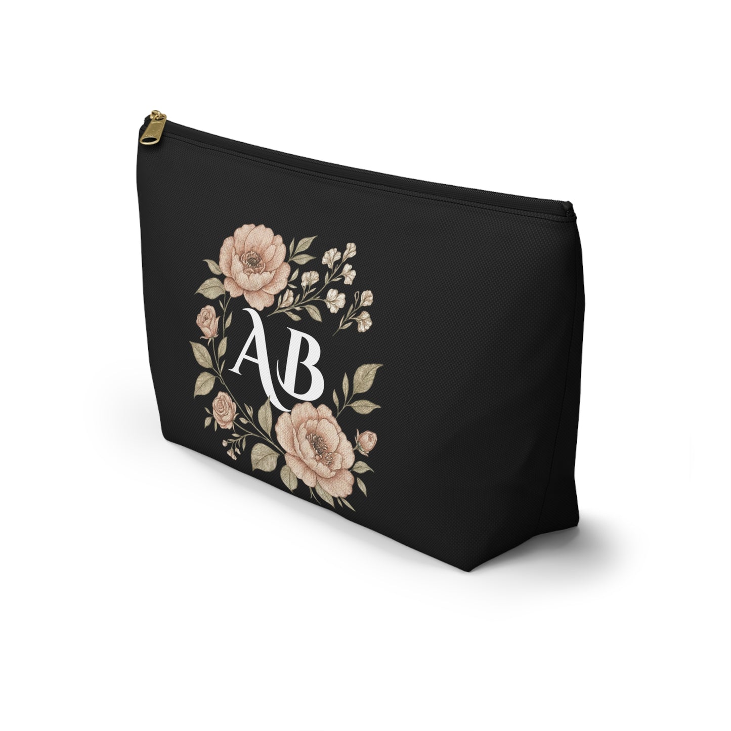 Floral Monogram Accessory Pouch — Personalized Makeup & Travel T-Bottom Bag